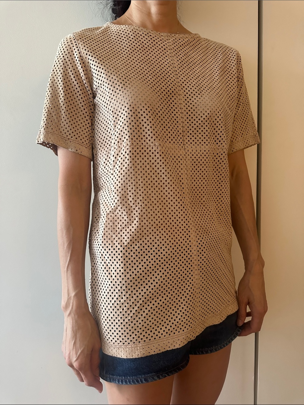 Diesel Black Gold Leather Beige Eyelet Short-Sleeve Top